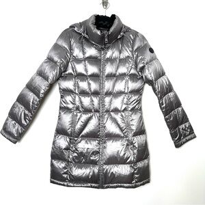 Andrew Marc Funnel Neck Silver Down Filled Packable Hooded Long Parka